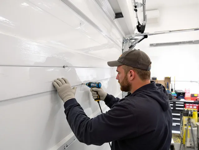 Bedford Heights Garage Door Repair technician demonstrating precision dent removal techniques on a Bedford Heights garage door