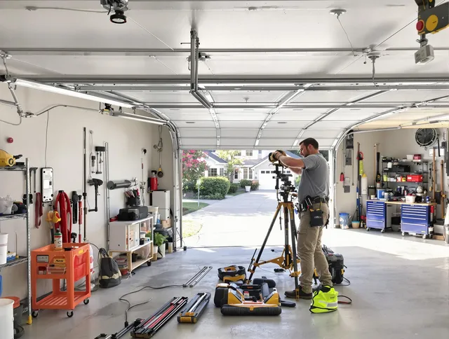 Bedford Heights Garage Door Repair specialist performing laser-guided track alignment in Bedford Heights
